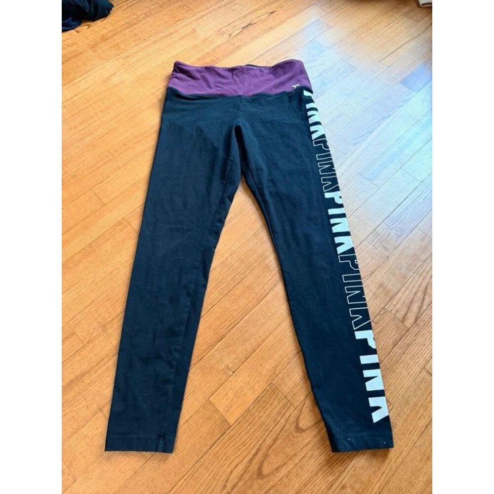 Victoria's Secret PINK Y2K Foldover Yoga Leggings Black Purple Logo Size L